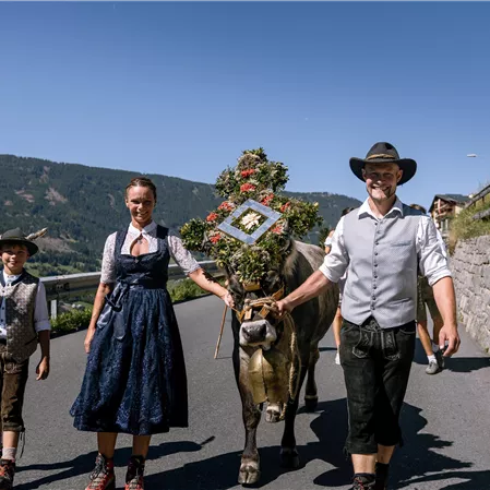 Eine Familie in traditioneller Tracht führt eine dekorierte Kuh auf einem landwirtschaftlichen Weg. Im Hintergrund sind Berge und ein blauer Himmel zu sehen.