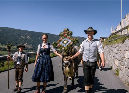 Eine Familie in traditioneller Tracht führt eine dekorierte Kuh auf einem landwirtschaftlichen Weg. Im Hintergrund sind Berge und ein blauer Himmel zu sehen.