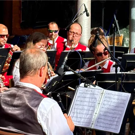 Eine Blaskapelle spielt in einem Freiluftkonzert. Die Musiker tragen rote Westen und konzentrieren sich auf die Aufführung.