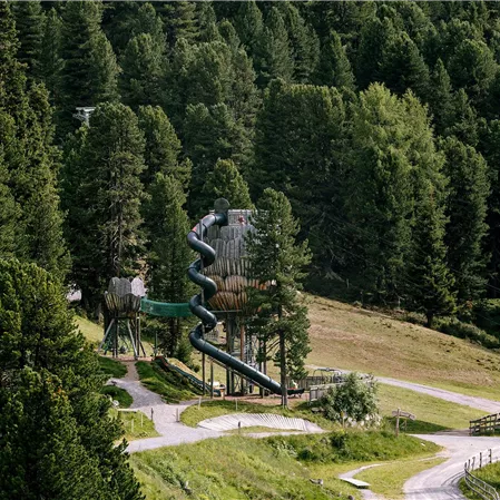 Ein Spielplatz mit einer großen Rutsche umgeben von dichten, grünen Bäumen. Der Weg führt durch die malerische Landschaft.