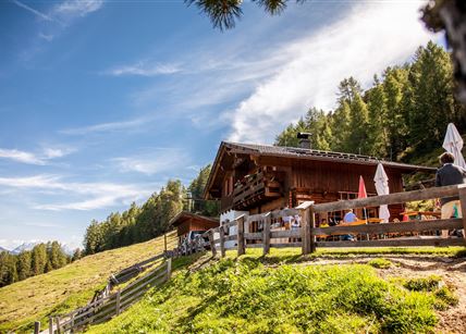 Ein traditionelles Chalet in den Bergen, umgeben von grünen Wiesen und Bäumen. Der Himmel ist blau mit weißen Wolken, und es sind einige Menschen in der Nähe.