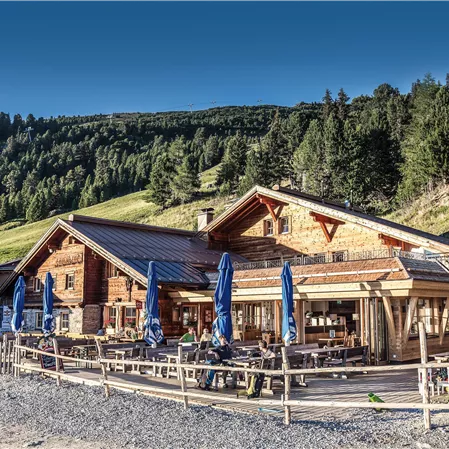 Ein malerisches Berghaus mit Holzfassade und Terrasse. Umgeben von grünen Wäldern und einer klaren Himmel.