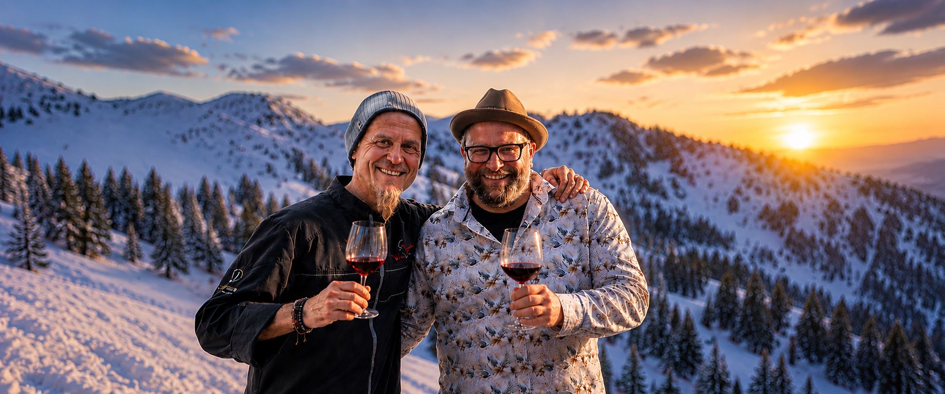 Two men are standing in the snow holding a glass of red wine in their hands. In the background, the sun is shining over snow-covered mountains.